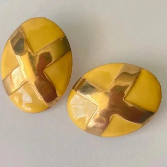 Vintage Ceramic Criss Cross Oval Stud Earrings Gold Tone - Picture 2 of 3